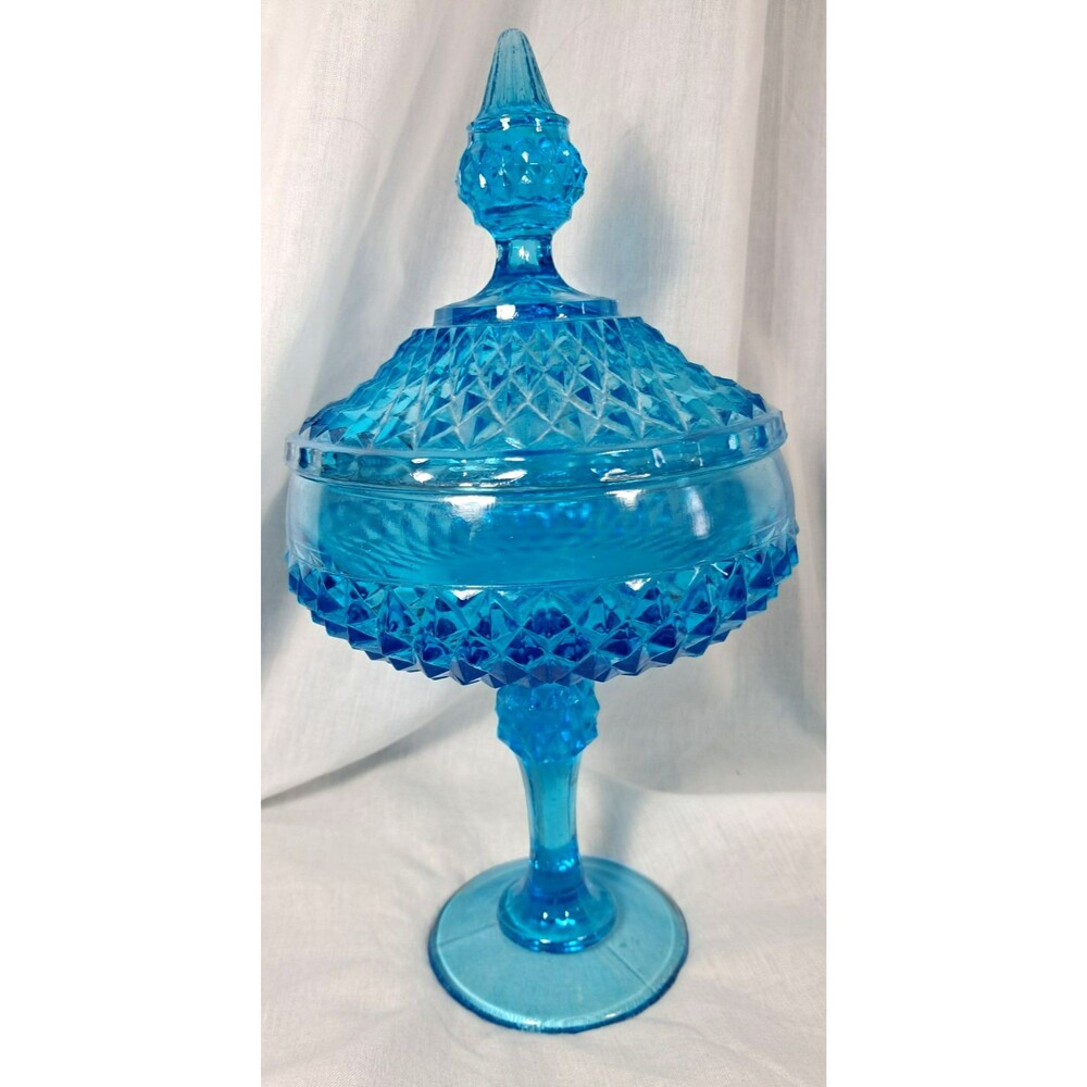 Indiana Glass Diamond Point Blue Pedestal Footed Candy Dish & Lid Depression 12”